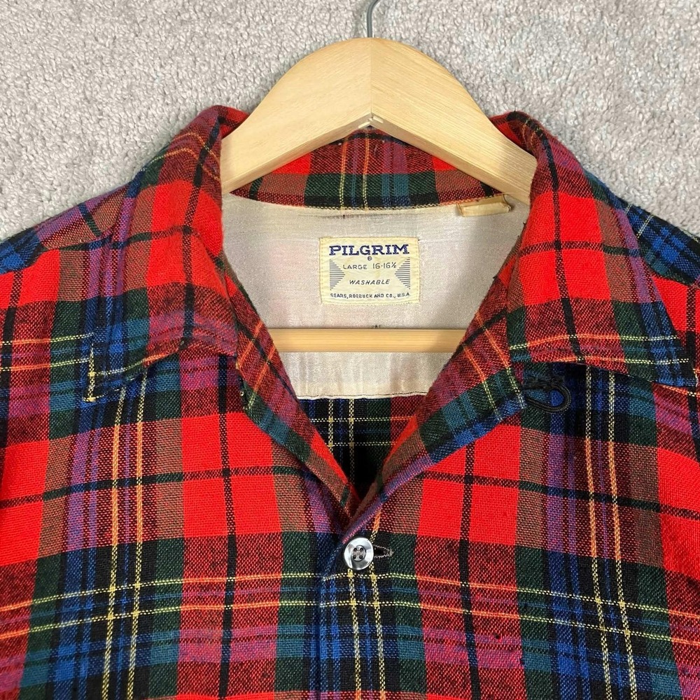 Vintage 50s 60s Pilgrim Sears Wool Plaid Flannel Shirt Loop Collar USA Large 16